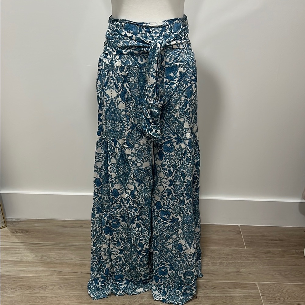 Floral Blue Wide-Leg Pants